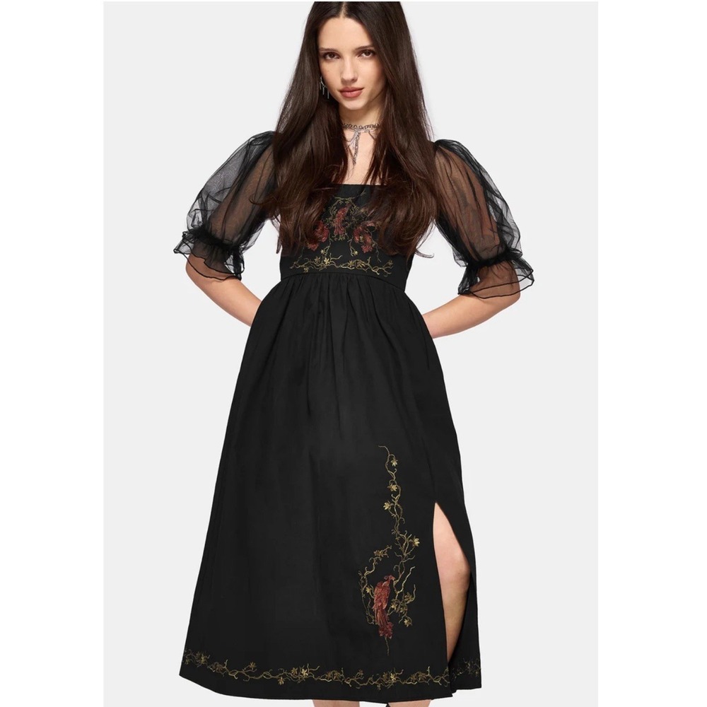 NWT Disturbia Women's 6 Orena Raven Embroidered Midi Dress Pockets Puff Sleeve